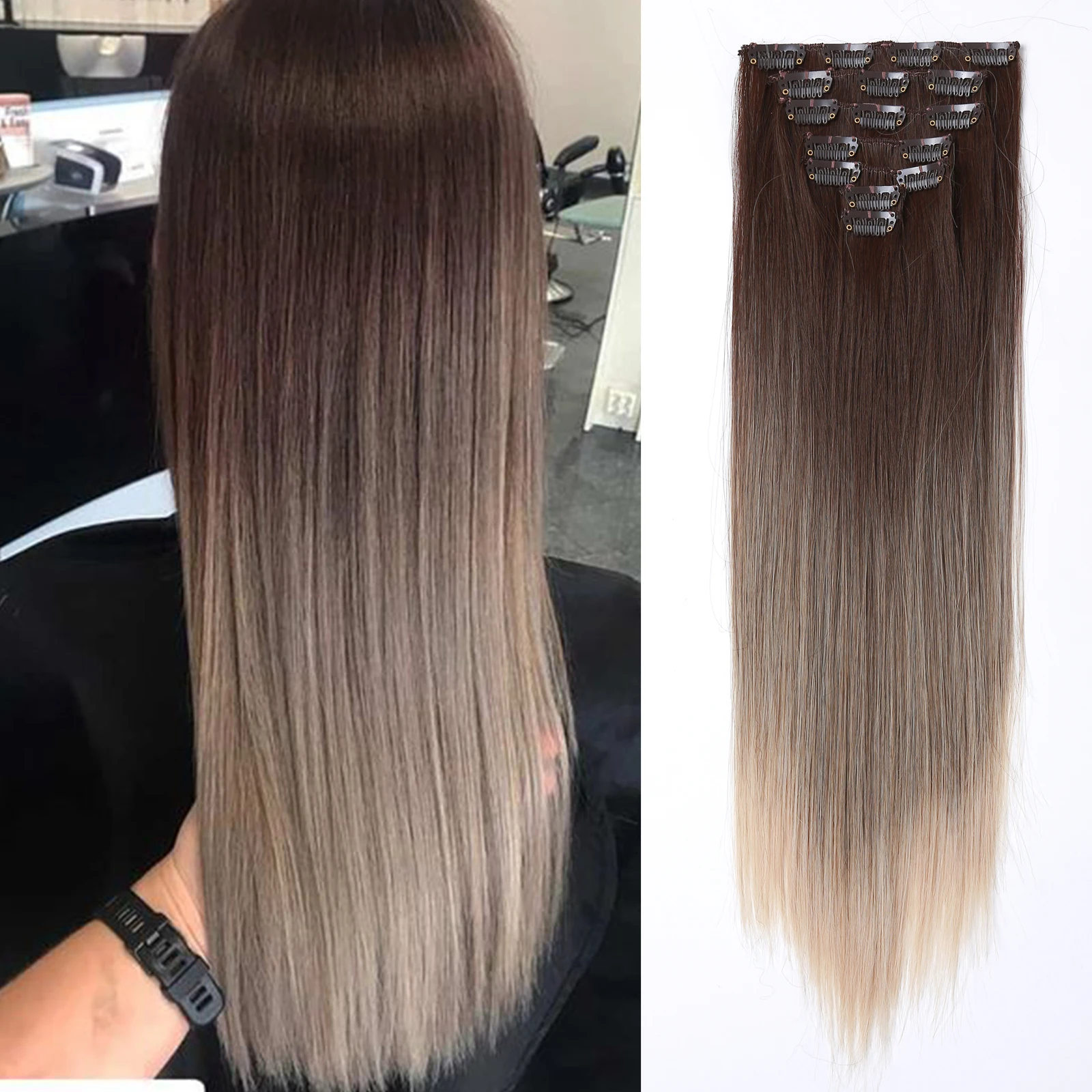 

HAIRCUBE Brown Ombre Clip In Hairpiece Synthetic Long Straight Hair Extensions Natural Hair for Women Heat Resistant 7Pcs/Set