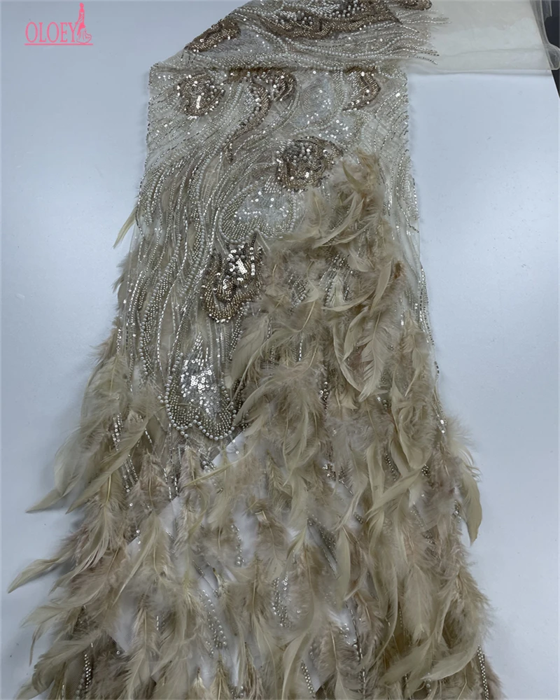 OLOEY, tela de encaje pesado francés africano con plumas 3D de lujo, cuentas de lentejuelas de alta calidad, tela de encaje nigeriano para vestidos de novia