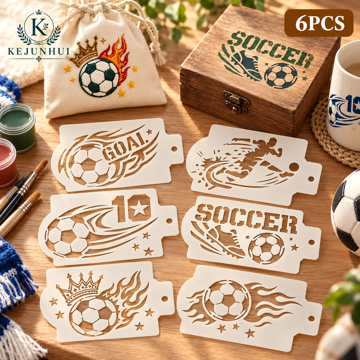 6Pcs Soccer Stencils Reusable PET Stencils for Painting Football Pattern Craft Templates Wood Wall Fabric Sports DIY Art Decor