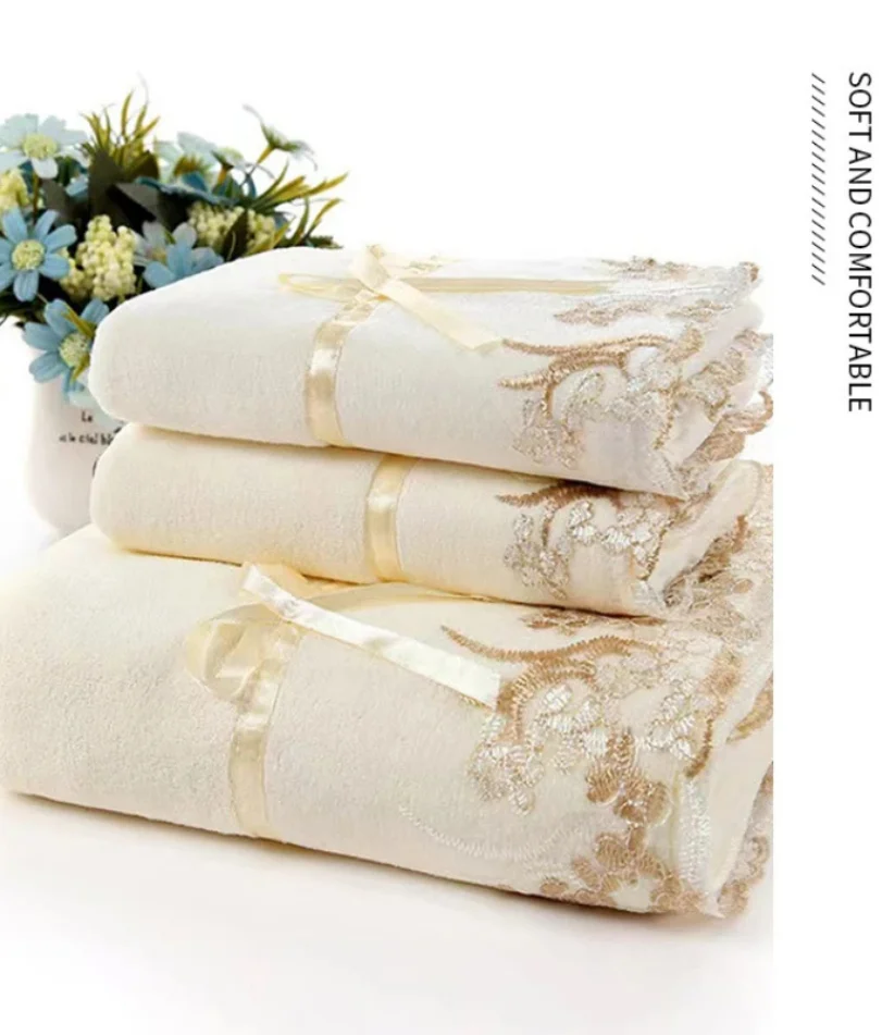 

Plain Color Lace-Trimmed 3-Piece Set – Soft & Absorbent Embroidered Gift Towel & Bath Towel Collection