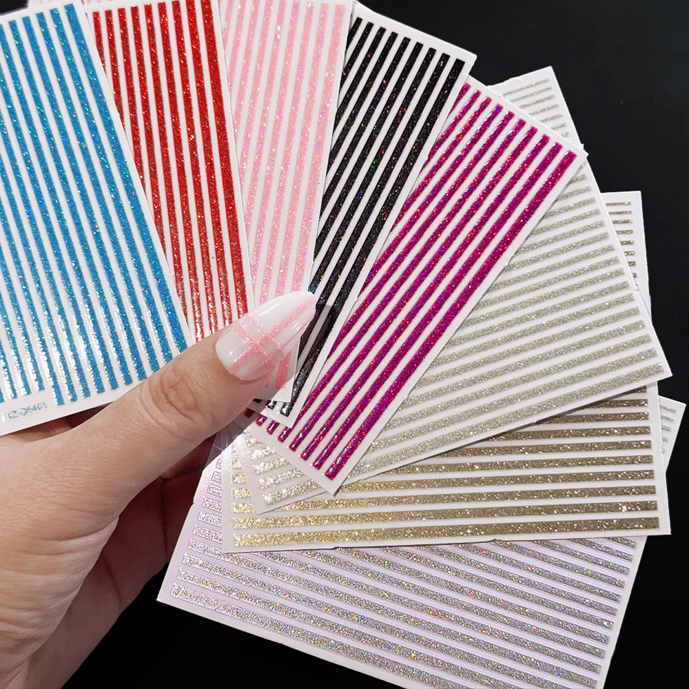 8 ชิ้น/เซ็ต 3D ภาษาฝรั่งเศสคําเส้นสติกเกอร์เล็บ Glitter ทองเงินโลหะสีดําลายกาว Decals 10*8 ซม.DIY เล็บ Sliders