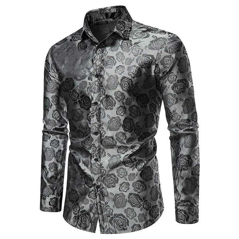 Men\'s Long Sleeve Shirt  Rose Print Casual Button Shirt Slim Fit Formal Shirt Noble Luxury Bronze Shirt Palace Style Shirt