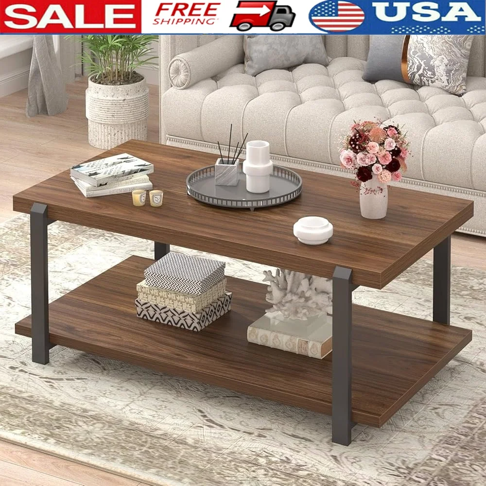 

Modern Coffee Table with Storage Shelf Open Structure Easy Assembly Rustic Wood Center Table Living Room Office Bedroom