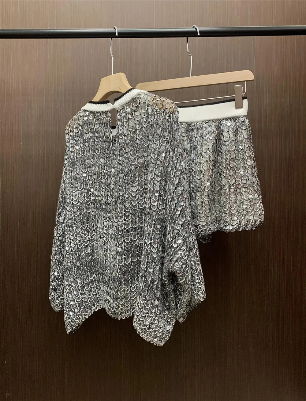 Luxurious sequins embellished Vest Half Skirt Elastic Waist Shorts Loose Long Sleeve Top Women Clothing 4-Piece Set