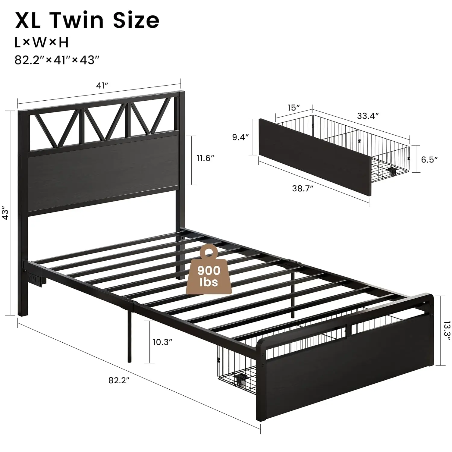 Twin XL Bed Frames with Storage Drawer, Charging Station and LED Lights, Twin XL Bed Frame with Headboard, No Box, Customized view 2