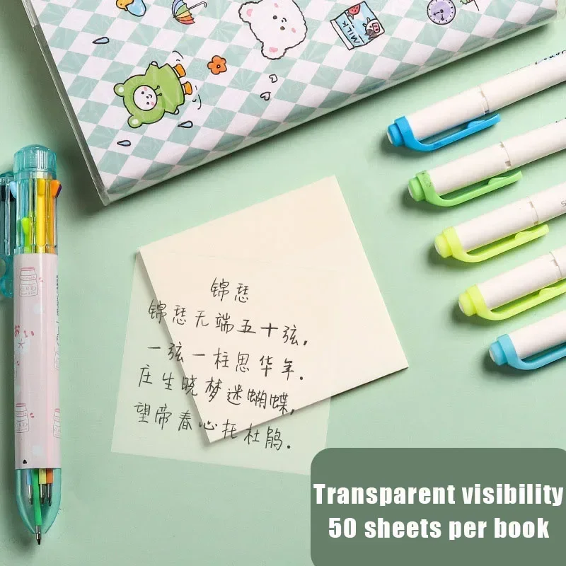 50 Sheets Transparent Sticky Notes Waterproof Colourful Note Paper Memo Pad School Stationery Office Supplies Diary cute gel pen