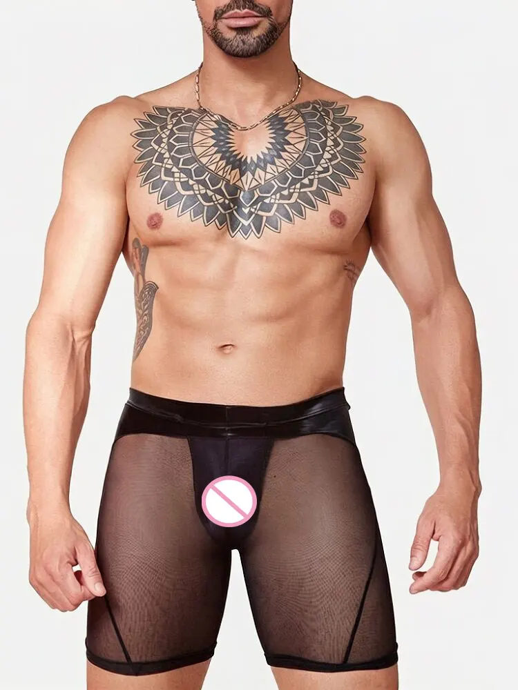 Ultrathin Mesh Men's Underwears Boxers High Elastic Sheer See Through Shorts Sexy U Bulge Pouch Leggings Male Gym Dance Wear