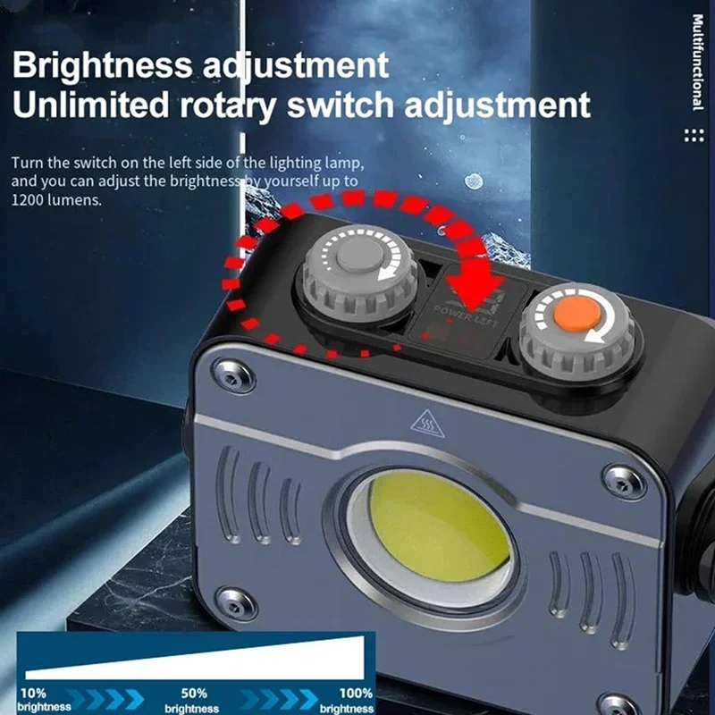 COB LED ضوء التخييم، ستبليس يعتم الفيضانات السوبر مشرق 1200LM مع قوس المغناطيس 8000mAh للطوارئ، المرآب العمل