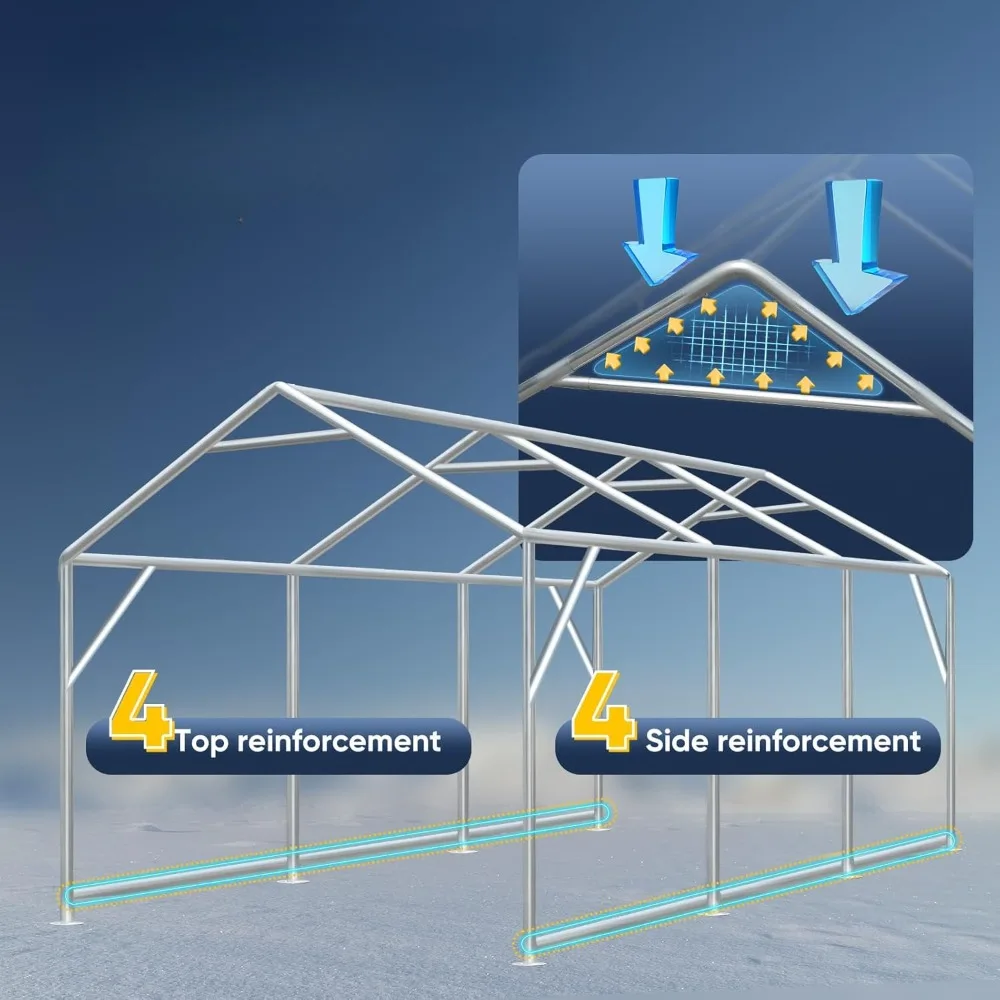 Heavy-duty carports, portable car canopies, garage tents, boat shelters with reinforced triangular beams and grounding rods