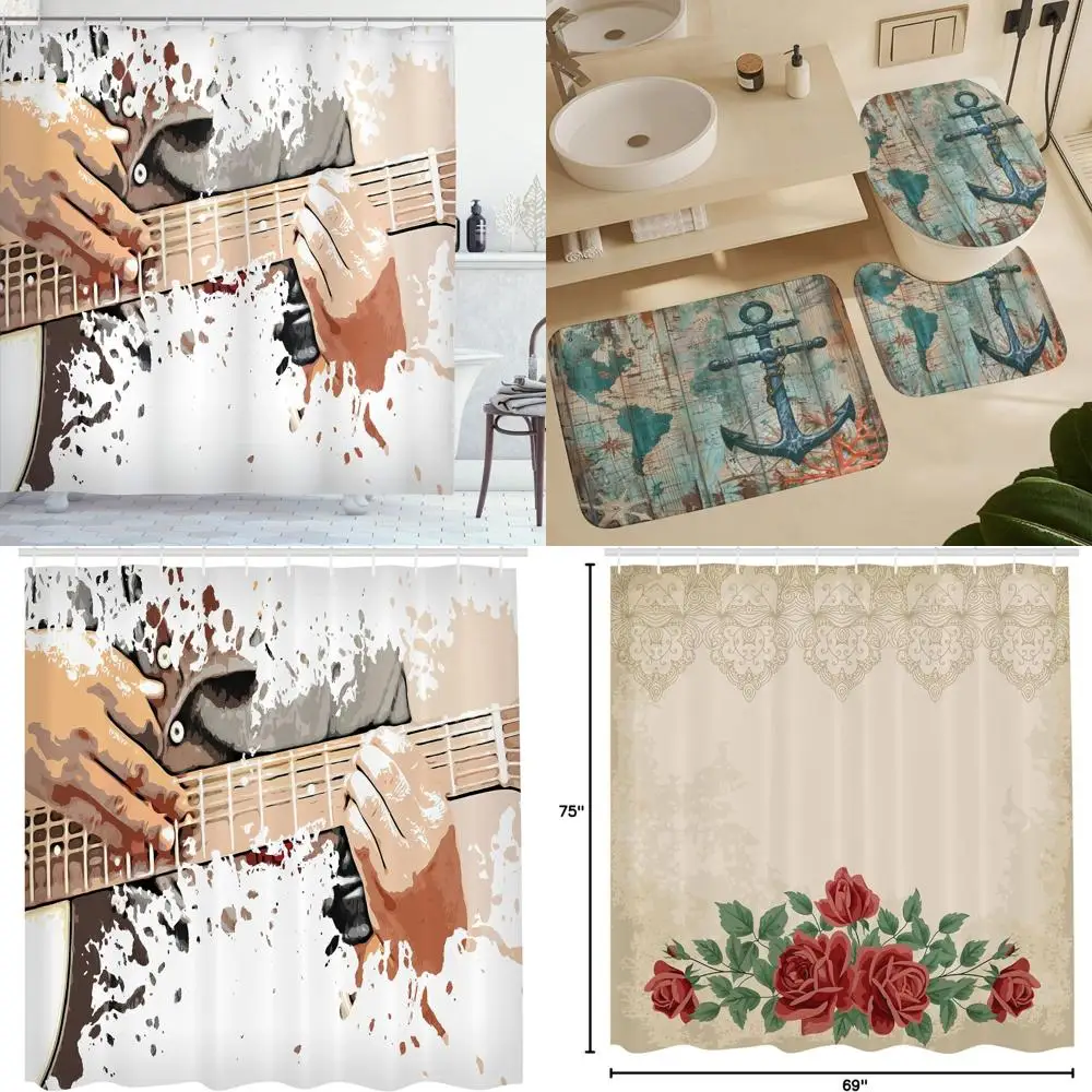 

guitarist close-up shower curtain, rock 'n' roll themed fabric bathroom set with hooks, 69