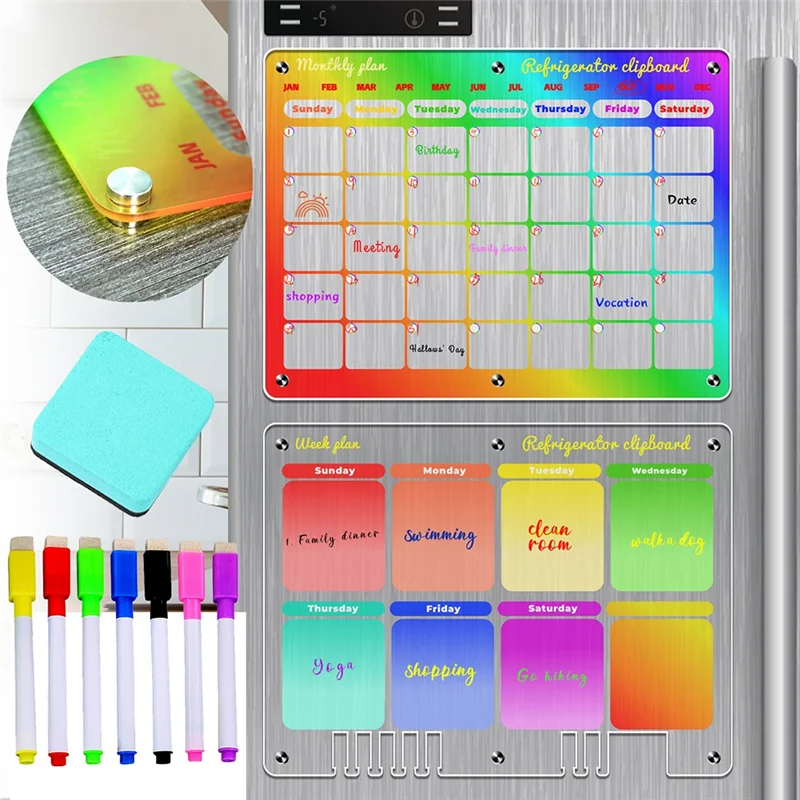 A76F-2 Set Clear Reusable Planner Whiteboard Calendar 16X12in Magnetic Calendar For Fridge Monthly & Weekly Calendar