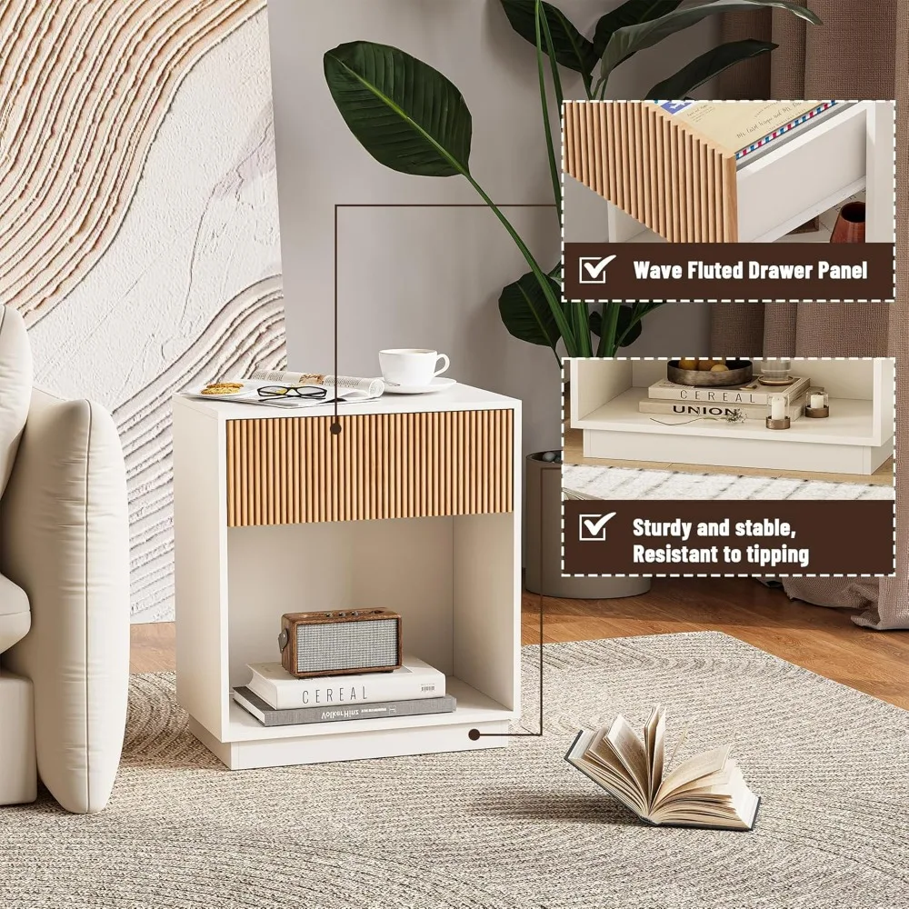 침실용 협탁 2개 세트, 서랍과 수납 선반이 있는 모던 침대 협탁, 중세기 스타일 나무 협탁