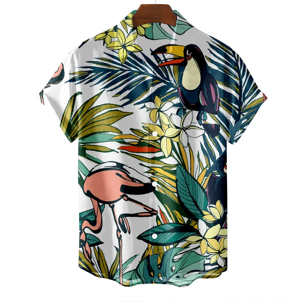 Hawaiian Flamingo Print Casual Men's Shirt Fashion Short Sleeve Men's Cardigan Top Lapel Plus Size Men's Short Sleeve Shirt