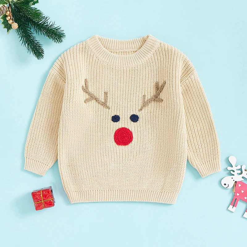 

Suefunskry Little Boy Girl Christmas Sweater Reindeer Pattern Long Sleeve Round Neck Chunky Knitwear Fall Winter Pullover Tops