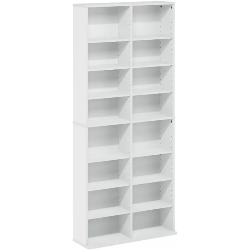 16-Shelf Multimedia Media Storage Tower Rack, Adjustable Composite Wood, White Finish, Wall Mount Kit Included, 7 in D x 24 in W
