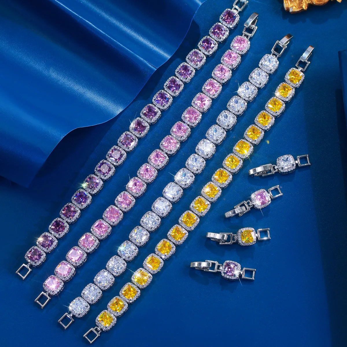 BeaQueen Geometric Shiny Yellow White Purple Pink CZ Crystal Square Tennis Bracelets for Women Chic Party Wedding Jewelry S0290