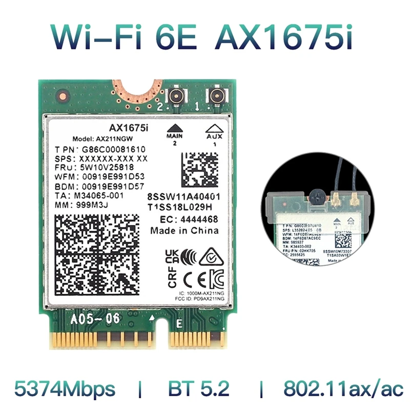 AX1675I WIFI Card+2Xantenna Wifi 6E M.2 Key E Cnvio 2 Tri Band Kit 2.4G/5G/6Ghz Wireless Card AX211 BT 5.2 Support Win 10