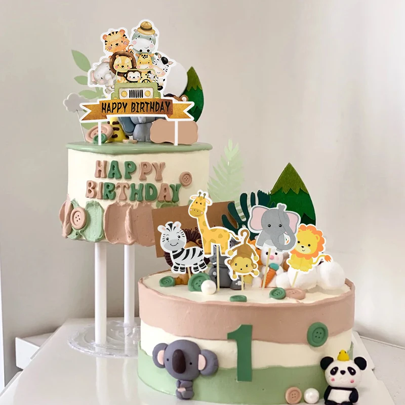 Topper de pastel de animales de dibujos animados para fiesta del bosque, Impresión de cumpleaños, taza de baño para bebé, inserto de pastel de