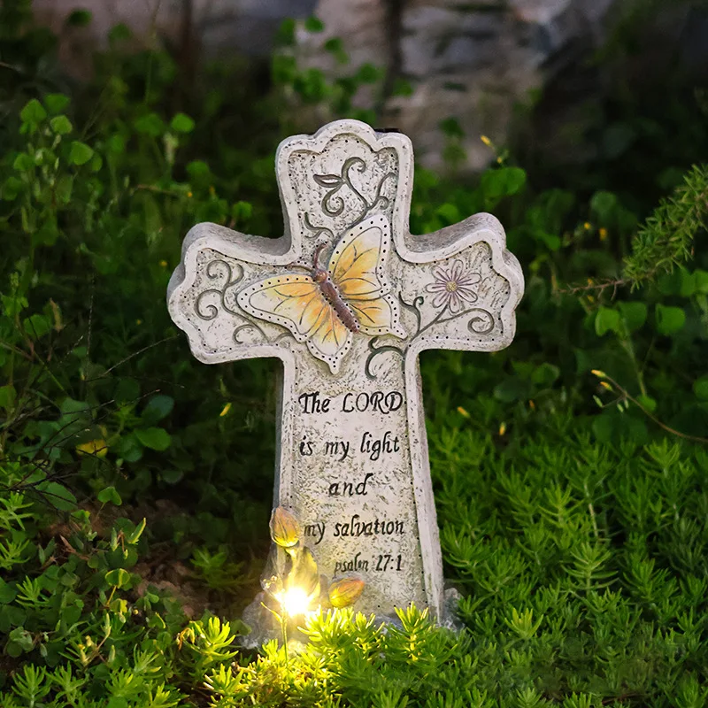 

Solar Powered Cross Garden Statue Angel Wings Butterfly Outdoor Decor Religious Blessing Sculpture for Yard Porch Patio Ornament