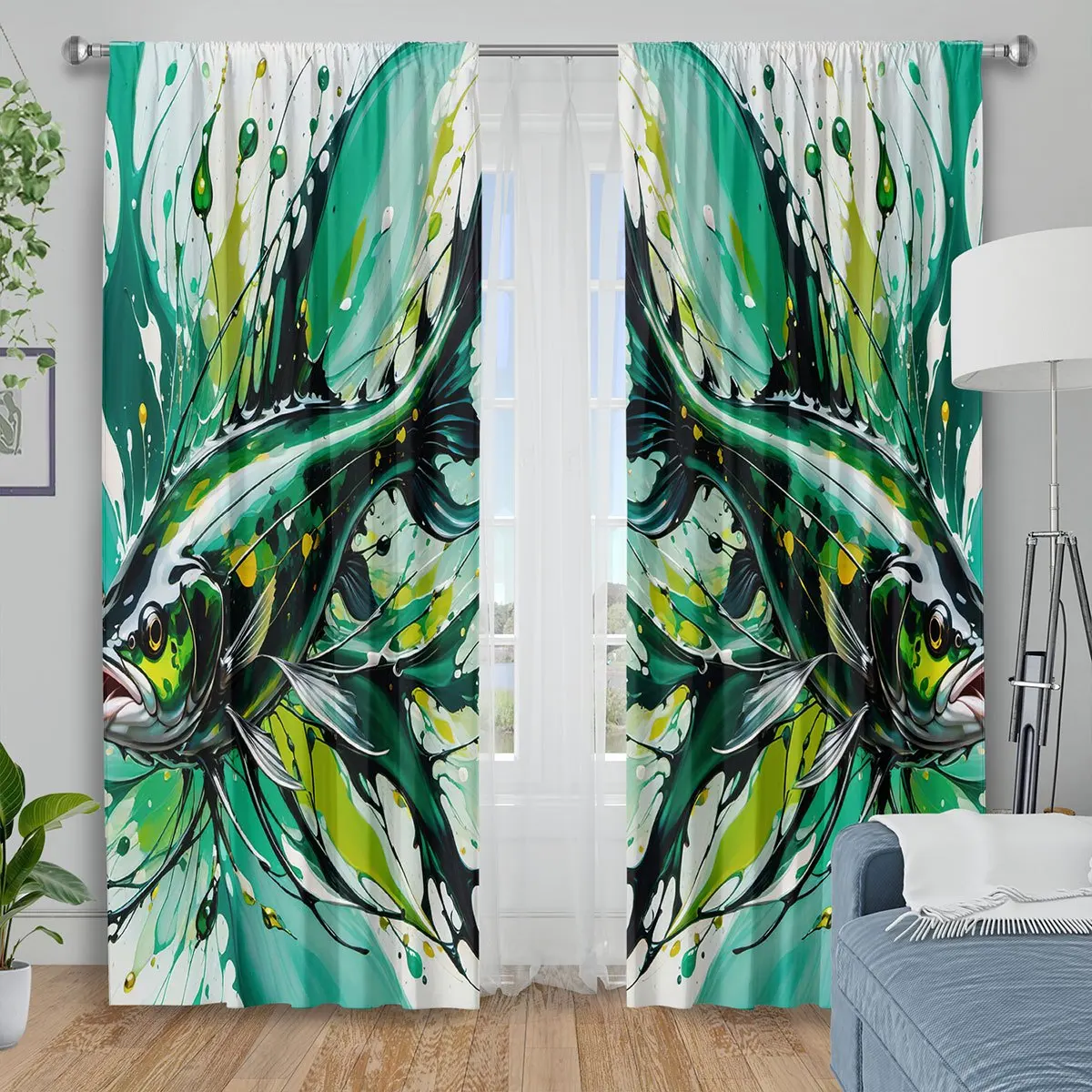 

Vibrant Abstract Fish Pattern Curtains Green Jungle Underwater Theme Panels Decorative Home Window Curtain Treatment Salon Decor