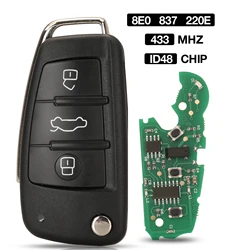 Jingyuqin 433MHZ pieghevole Flip Remote 3 pulsanti chiave dell'automobile Shell per Audi A4 231G ID48 Chip FCCID:8E0837220E 2005 anni