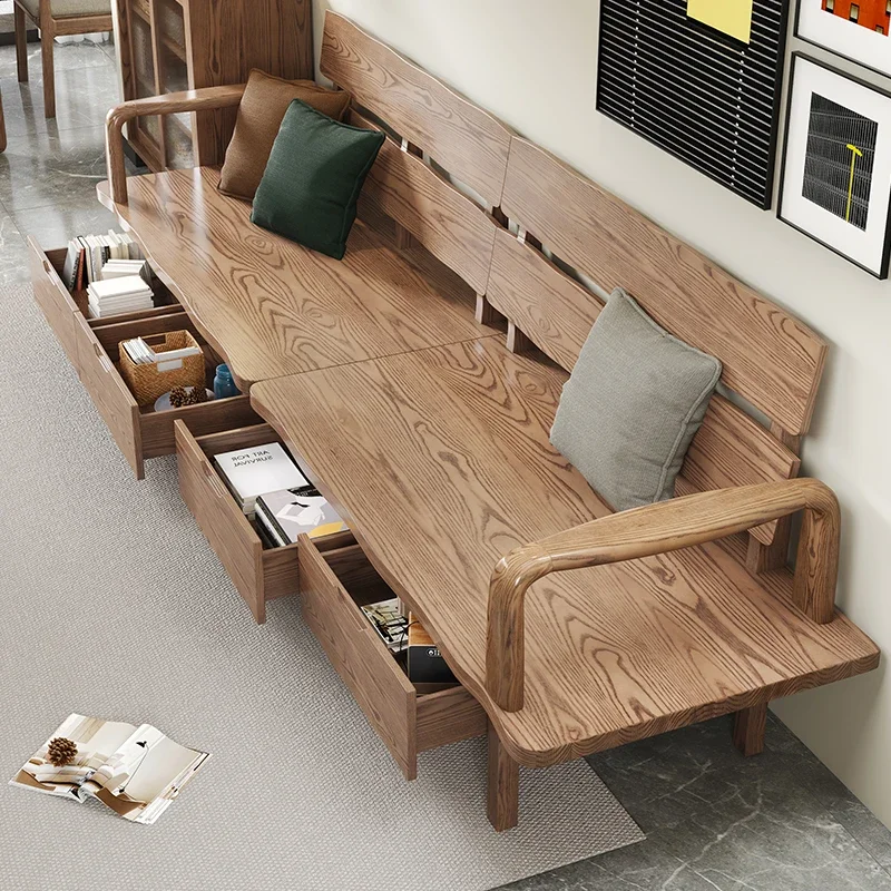

Nordic all-solid wood sofa winter and summer dual-purpose small apartment living room ash wood large board technology cloth