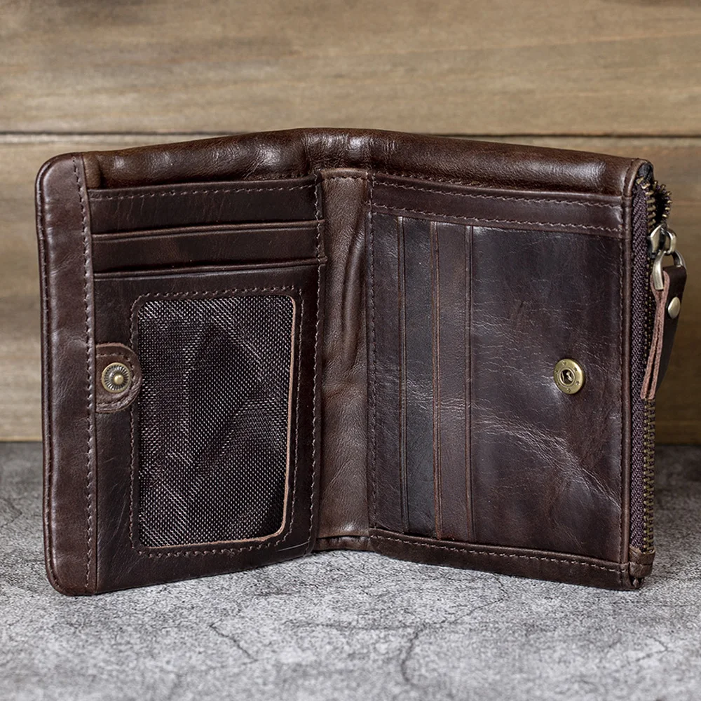 

Durable Oil Tan Leather Wallet for Men with Side Zipper Coin Pocket Retro Male Guys Wallet Money Bags Male Clutch Bag Short