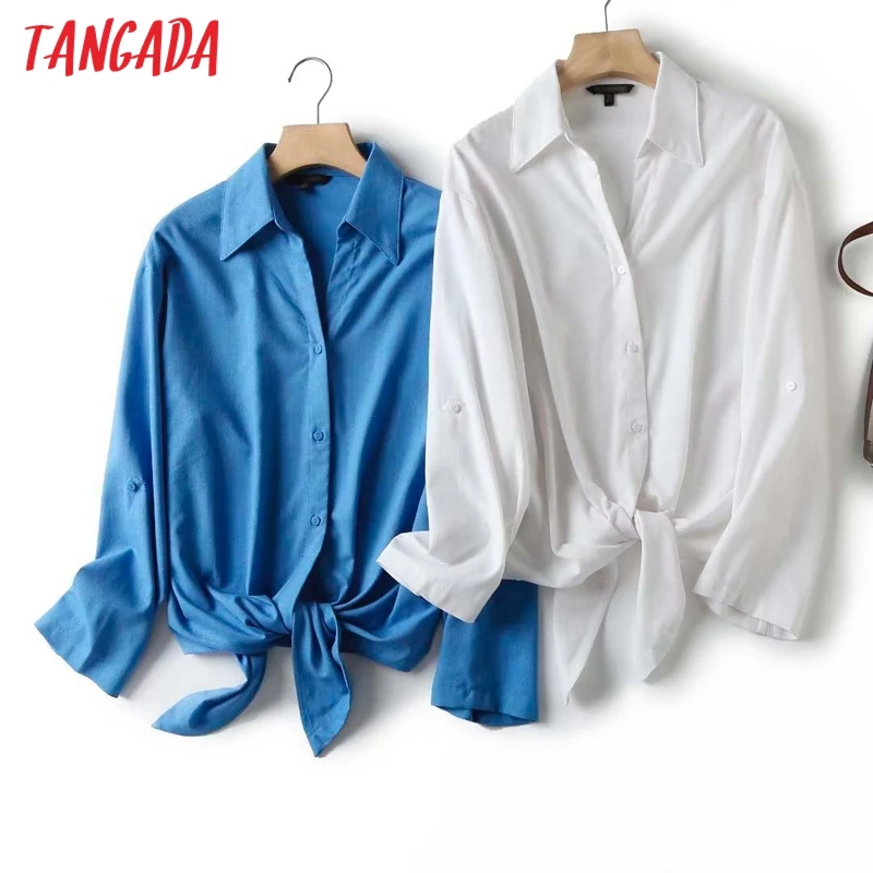 Tangada 2024 Women High Quality Linen Cotton Blouse With Bow Long Sleeve Ladies Oversized Shirt Top 4C309