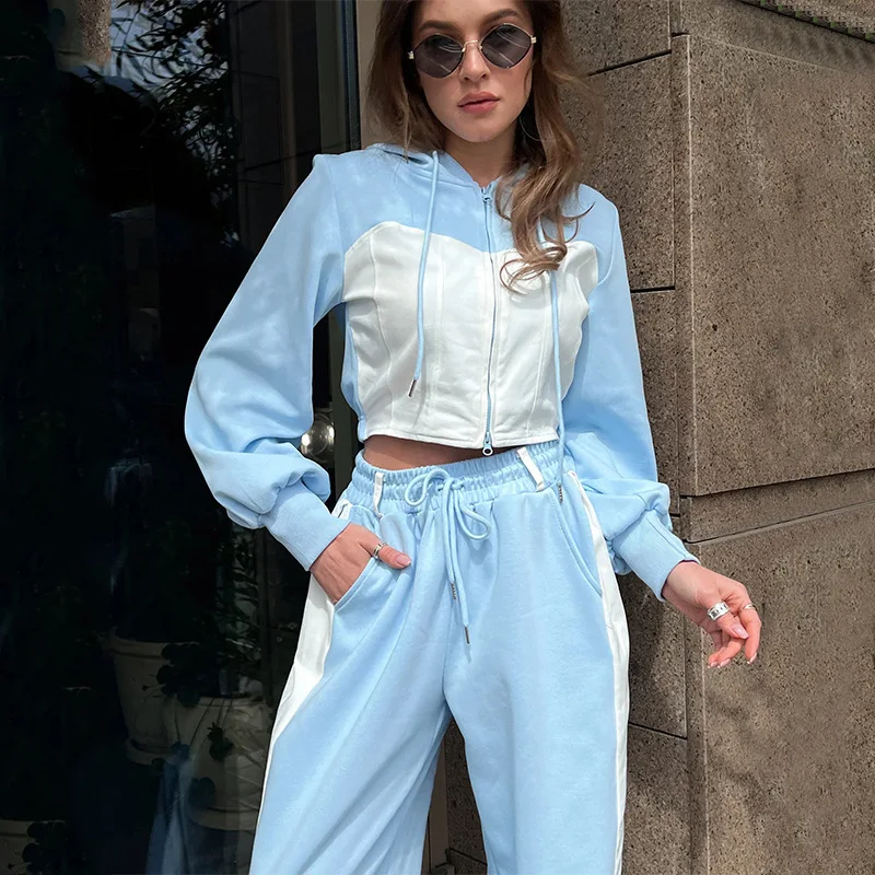 Women's Sports Two Piece Colour Blocking Fashion Suit Sexy Waistless Hooded Clashing Cardigan Sweatpants Matching Sets