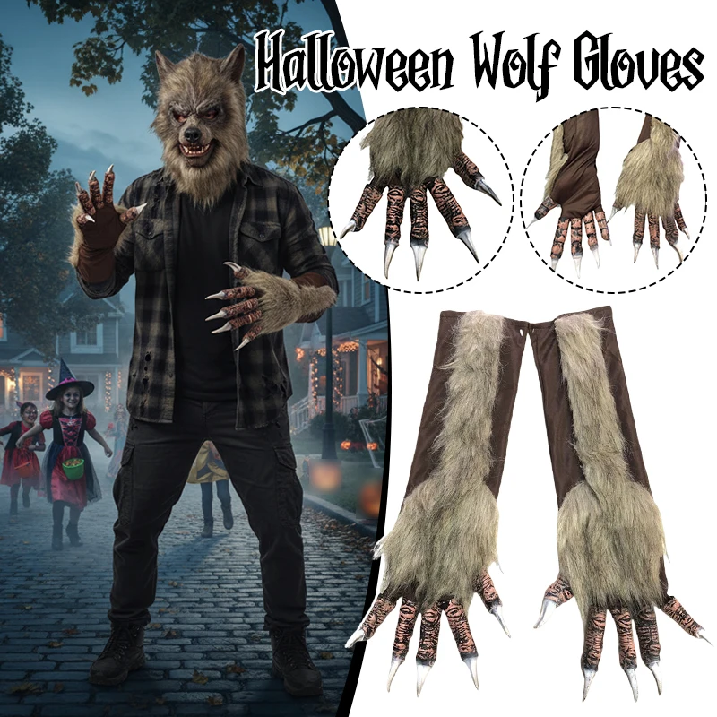 

1 пара плюшевых перчаток с волком на Хэллоуин, длинный мех, реалистичный реквизит-оборотня монстра, карнавальный костюм для карнавальной вечеринки, маскарада
