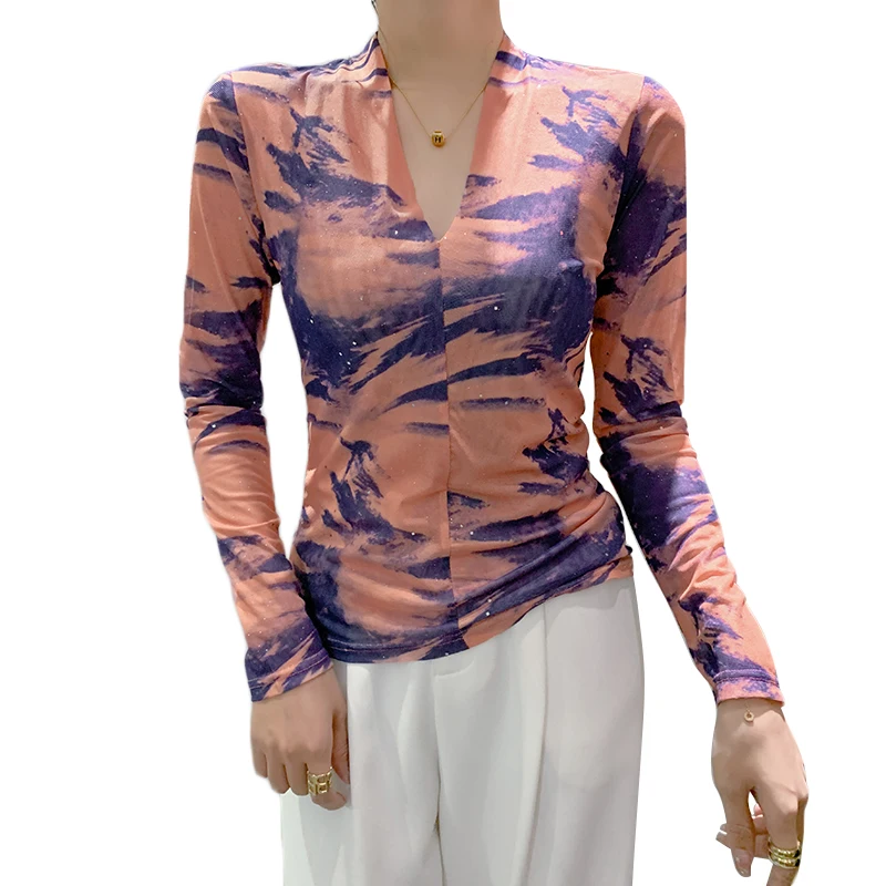 MadBlack-Women's European T-Shirt, Sexy V Neck Printed Top, Fashion Long Sleeve Slim Mesh Tee, 2025 Spring Summer New T51509CC