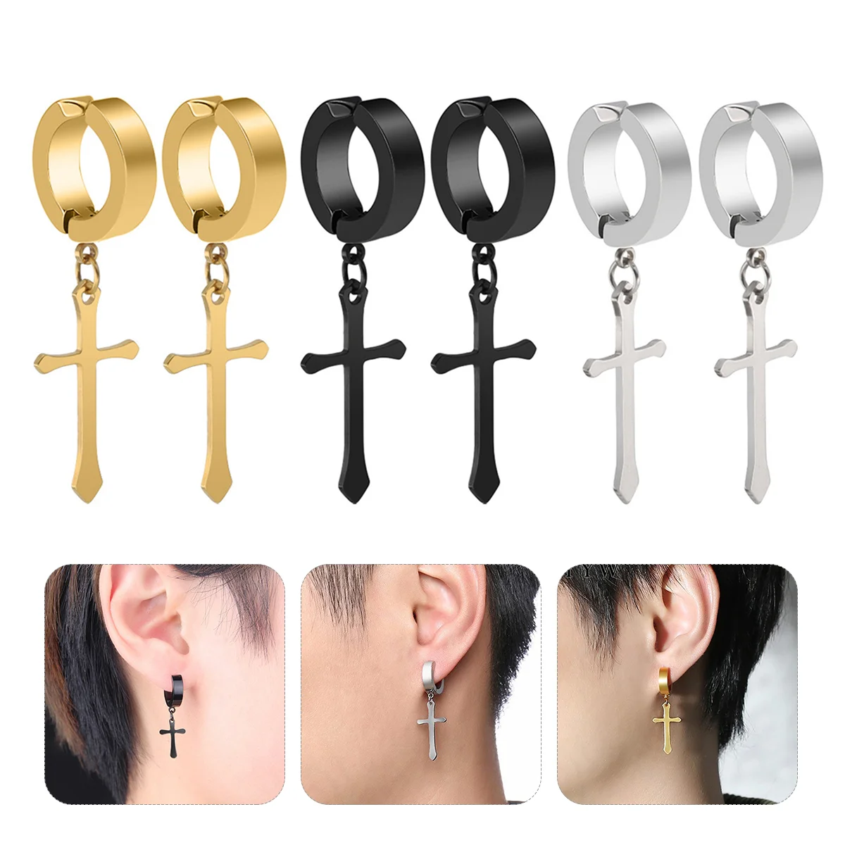 3 Pairs Cross Ear Clip Alloy Earrings Jewelry Simple Trendy Shape Dangler Crucifix