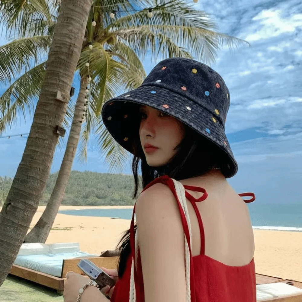 

INS Sun Protection Flower Embroidery Cowboy Hat Windproof All-match Fisherman's Hat Retro Big Brim Sun Hat Autumn