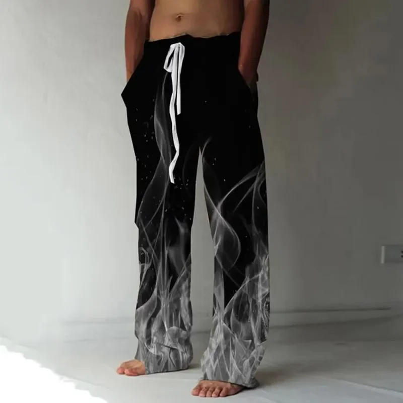 Men Summer Pants Beach Drawstring Elastic Waist 3D Flame Graffiti Print Casual Streetwear Comfortable Holiday Daily Trousers