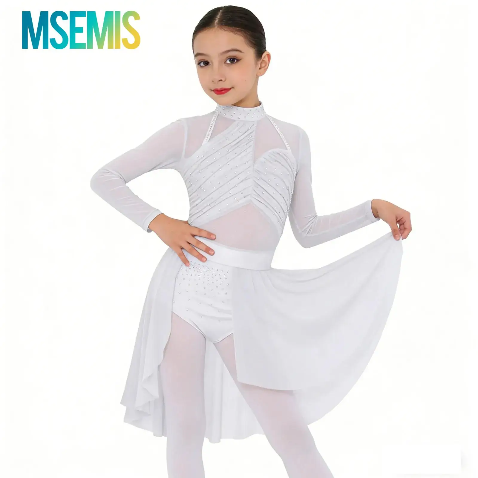 

Детское блестящее платье для девочек с блестками и стразами для балета, лирического и современного танца, костюм для выступлений по фигурному катанию, платье с драпировкой и сетчатыми вставками