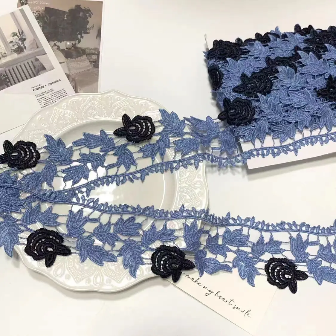 11Yards 7cm Width Shiny Blue Leaf Hollow Flower Venise Diy Venice Lace Clothing Accessories Of Various Garment,Bra.Skirt