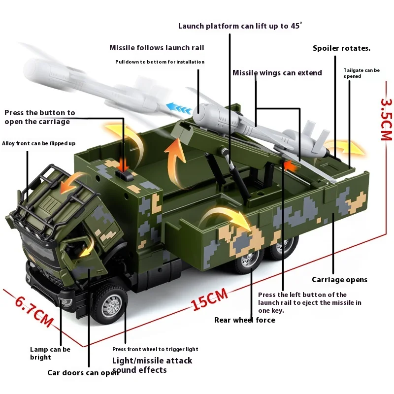 Model ciężarówki transportowej rakiet Feilong-10 w skali 1/35, metalowy model wojskowy z dźwiękiem i światłem, zabawka dla chłopców.