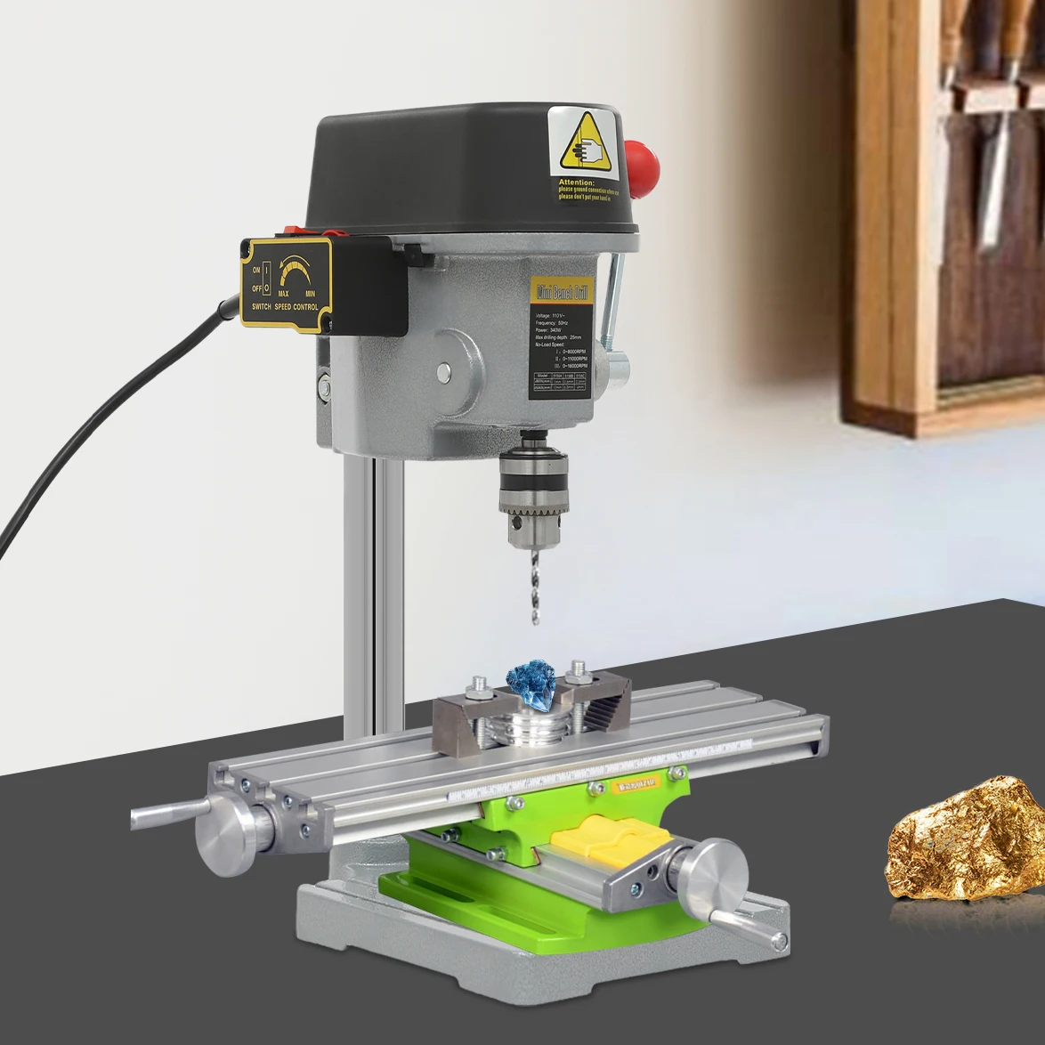 340W Mini Tafelboormachine, 3-snelheden verstelbare boormachine voor metaal, hout, kunststof, aluminium, precisie 1-10mm (220V)