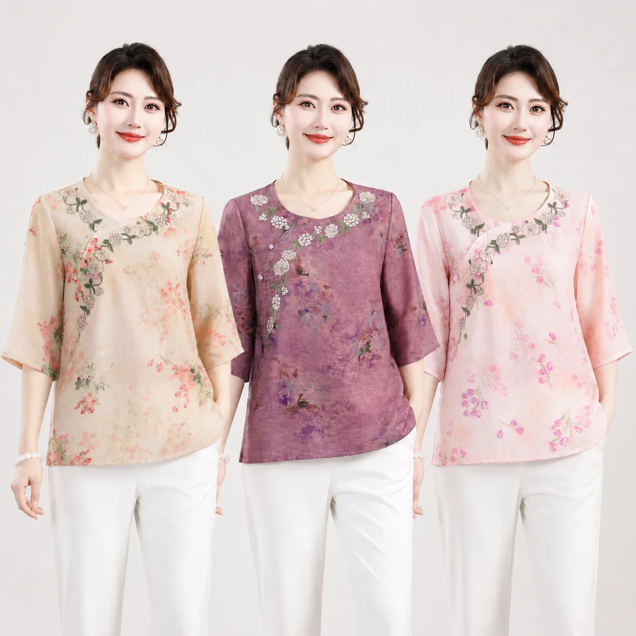 

Women's Floral Embroidered Blouse 3/4 Sleeve Casual Tunic Top with Asymmetrical Button Front Lightweight Summer Plus Size Dress