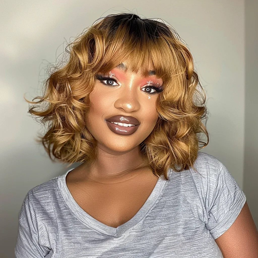 

TT2/27 Brown Colored Human Hair Wigs For Women Short Body Wave Human Hair With Bangs QVR 100% Real Ready To Wear Short Wigs