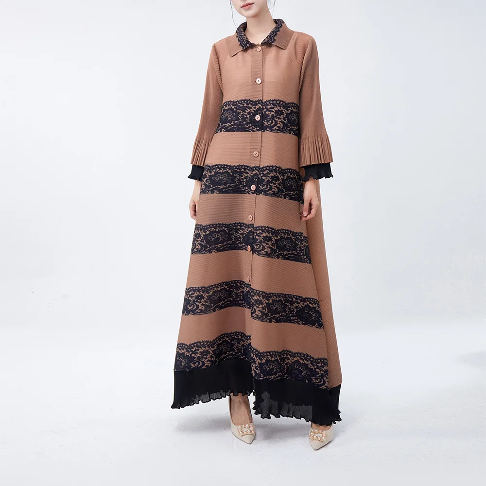 Miyake Pleated Lapel Dress 2024 Winter New Lace with Lotus Leaf Sleeves Long Cardigan Thin Foreign Robe