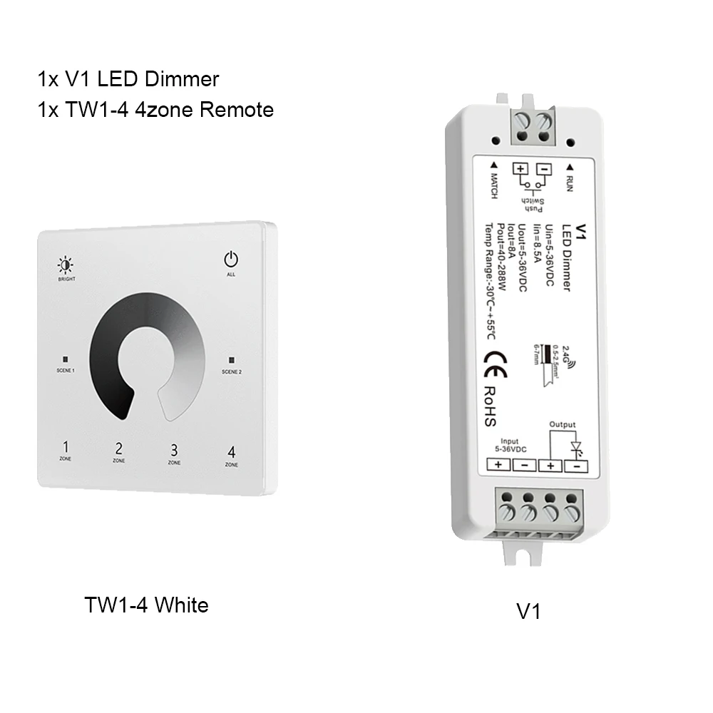 CENFAYA V1 LED-Dimmer 1 Kanal 5V 12V 24V 36V 4-Zonen-Einfarb-LED-Streifen-Dimmkit Wireless 2,4g HF-Fernbedienung Touch-Schalter Dimer 8