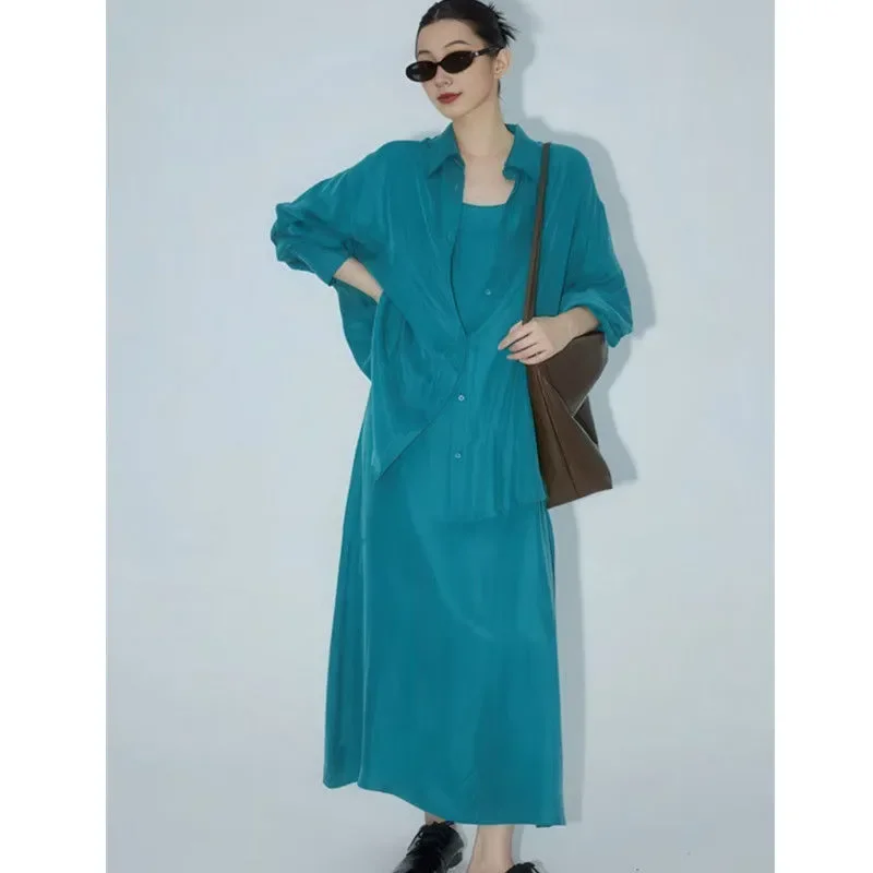 Camisa extragrande verde azulado para mujer, vestido largo con cuello cuadrado, conjunto de dos piezas, traje informal suelto