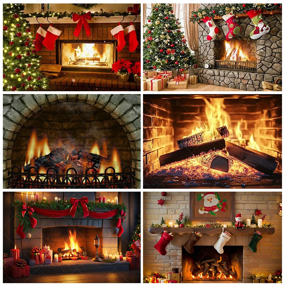 Merry Christmas Backdrop Fireplace Wood Fire Brick Wall Xmas Tree Burning Flame Photography Background Party Decor Photo Studio