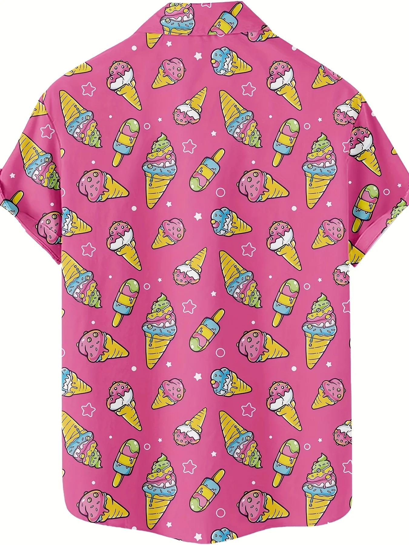 Men Pink Ice Cream Cartoon All‑Over Print Short Sleeve Shirt Lapel Collar Hawaiian Beach Vacation Tops