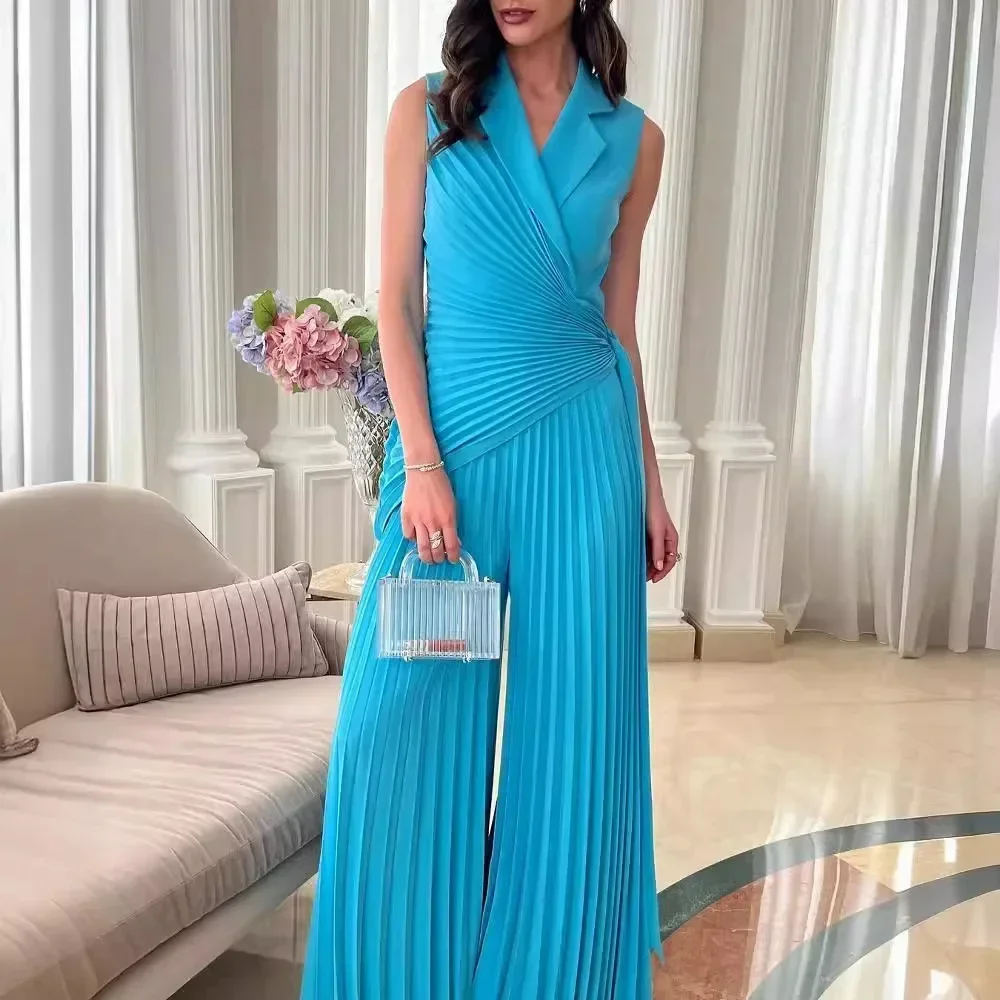 

Wide Leg Jumpsuit Pants for Women 2025 Summer New Fashionable Collar Multi Fold Solid Color Jump Suits for Female Streetwear