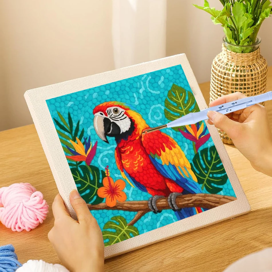 

Punch Needle Embroidery Kit for Beginners Parrot Animal Pattern DIY Craft Set with Fabric Yarn and Tools for DIY Needle Sewing