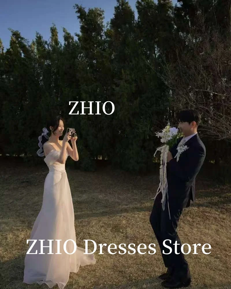 ZHIO Elegantes One-Shoulder-Hochzeitskleid A-Linie Sweep Zug Korea Fotoshooting Drapierte Organza Brautkleider Maßgeschneidert