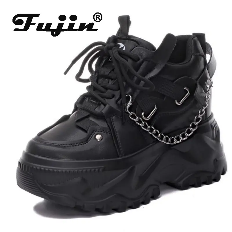 

Fujin 9cm Genuine Leather Hidden Heels Chunky Sneakers Platform Wedge Sneakers Women Autumn Spring Female Metal Decoration Shoes