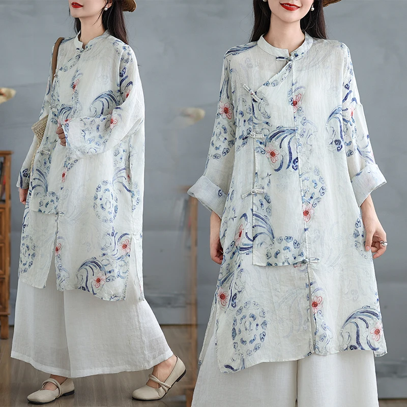 

Elegant Spring Qinghua Porcelain Middle-Length Dress Shirt Stand Collar Side Buttoned Traditional Chinese Style Women's Clothing